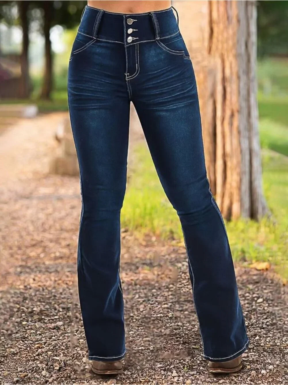 Women's Cobalt Blue Pull On Mid Rise Flare Leg Zipper Lifting Bootcut Jeans